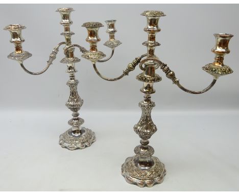 Pair Victorian Sheffield plate three light candelabra, two S shaped branches, acanthus leaf tapered knop stem on shaped circu