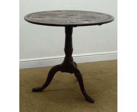 19th century mahogany tilt top tripod table, circular carved top with wells, single turned column, three acanthus carved spla