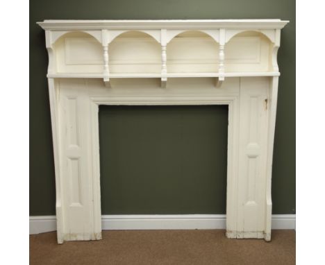 Early 20th century painted fire surround, projecting cornice, four arches above shelf, moulded aperture, W163cm, H168cm, D27c