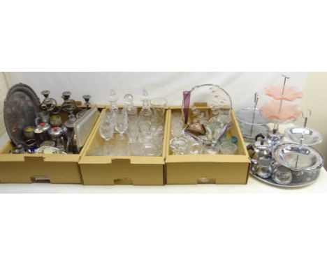 Assortment of glassware including pair cut glass decanters, claret, brandy, port and other drinking glasses, ink wells, vinta