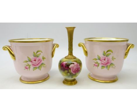 Royal Worcester bottle vase painted with Roses, unsigned, 1912 H17cm and pair Christian Dior rose painted wine coolers signed