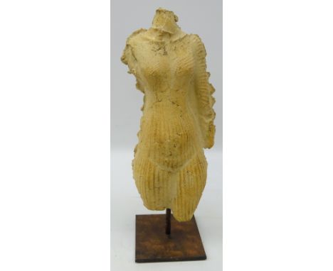 French stoneware model of a female torso by atelier Michel Cayla on cast metal stand, H33.5cm 
