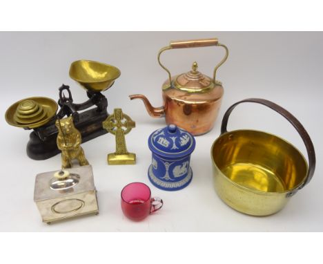 19th/ early 20th century Sheffield plated casket with ivory handle by John Batt, set of kitchen scales with weights, Victoria