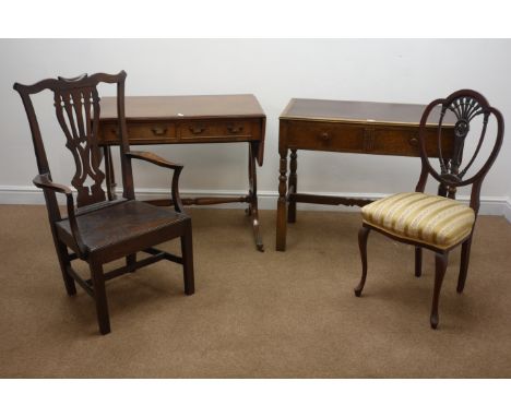 19th century mahogany drop leaf sofa table, lyre supports on sabre legs, (W55cm, H78cm, D143cm) an oak chair, an oak side tab