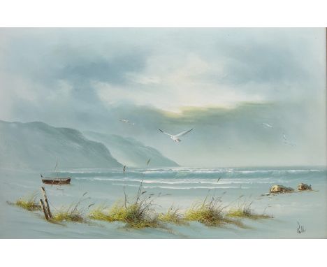 Seascape with Beached Boat, 20th century oil on canvas indistinctly signed 59cm x 89cm