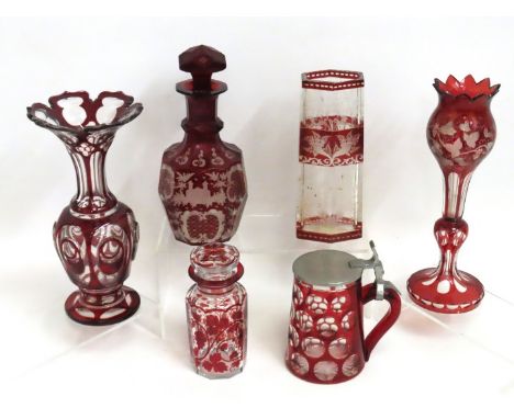 A 19thC. etched Bohemian glass decanter, slither chip to inside of rim, a similar six sided vase & four other pieces includin