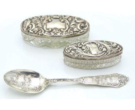 An Edwardian 1910 Birmingham silver topped dressing table tidy by James Deakin, one other by Reynolds, Birmingham 1907, lid a