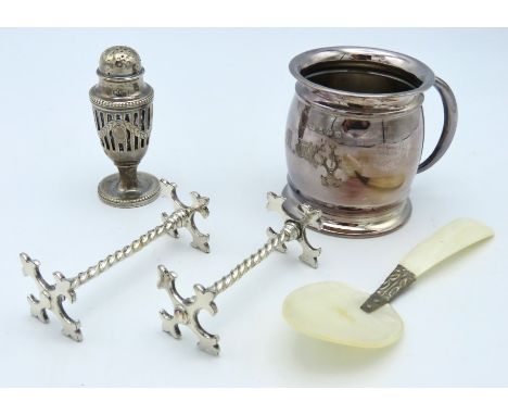 A 1919 Birmingham silver Christening cup by Levi & Salaman, a lined Victorian 1893 Birmingham silver pepper by Nathan & Hayes