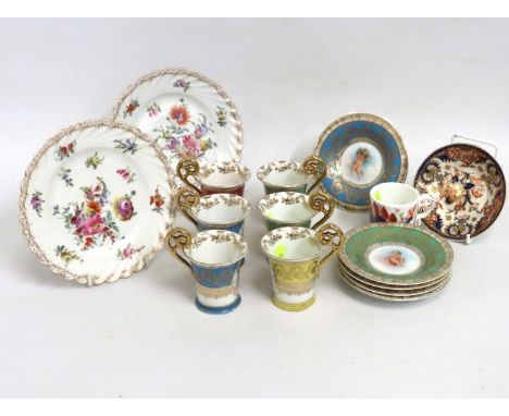 Two Dresden plates with floral decor, a set of six continental porcelain coffee cans with saucers, a small Derby dish & a 19t