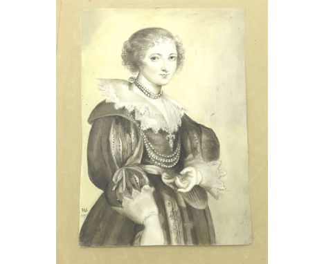 After Sir Anthony van Dyck (1599-1641), an unframed 18thC. watercolour portrait of Johanna de Blois, monogrammed H.S. & dated