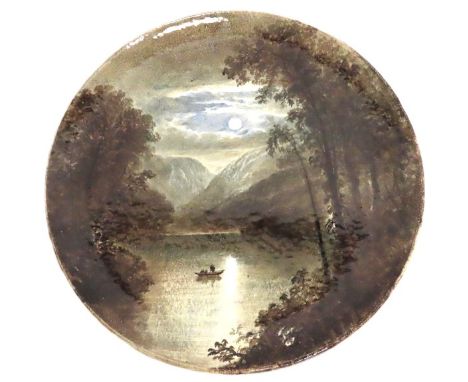 A 19thC. Copeland earthenware charger with moonlit landscape titled "On The River Severn" signed by the artist, William Yale,