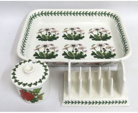 A Portmeirion Botanic Garden toast rack, a similar marmalade pot & a roasting dish, 315mm wide