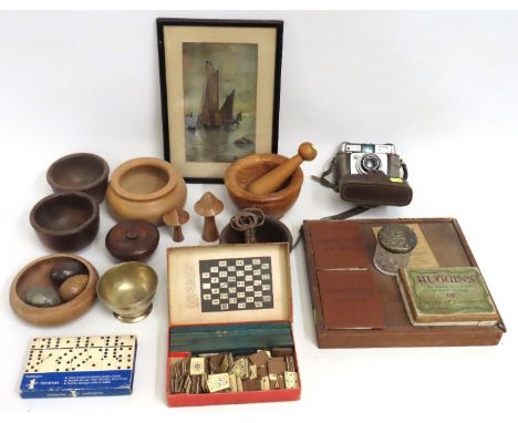 A bronze mortar, a selection of carved wooden bowls, games including Mahjong, small painting, Ilford Sportsman camera & small