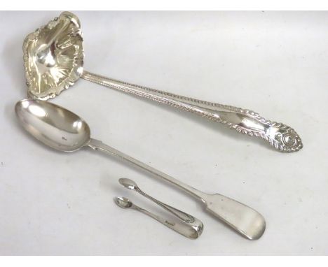 A punch bowl ladle, a plated basting spoon & a pair of 1914 Sheffield silver sugar tongs by Cooper Bros. & Sons, 17.2g