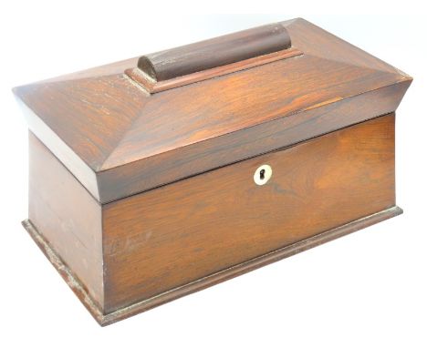 A 19thC. sarcophagus shaped rosewood tea caddy with mother of pearl escutcheon, 327mm wide x 185mm deep x 185mm high