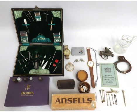 A cased sewing kit twinned with various other sundries including an Ansells dominoes set, a Charles Horner silver thimble, co