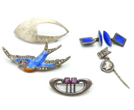 An Edwardian 1907 Charles Horner arts nouveau brooch, a pair of J. A. & S silver & enamel cufflinks. a 1969 London silver Fre