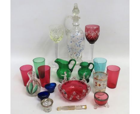 A pair of Bohemian glass wine glasses, a 19thC. decanter with applied decor, a number of Victorian coloured glass tumblers, t