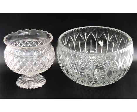 A Waterford crystal style footed bowl 185mm tall, twinned with a large cut glass crystal bowl 290mm diameter