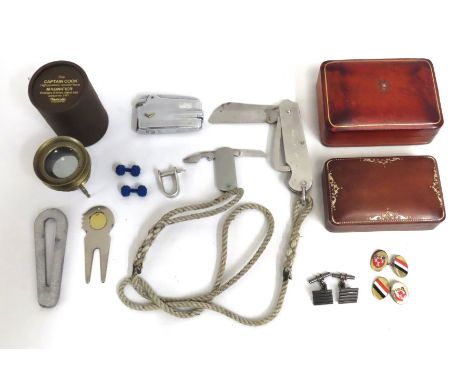 Two leather gentleman's trinket boxes, a set of silver cufflinks, a pair of club/school cufflinks, a Iberson & Co. pocket kni