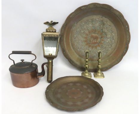 Two antique Asian copper trays, largest 505mm diameter, a brass electric carriage lamp, a pair of Victorian jubilee candlesti