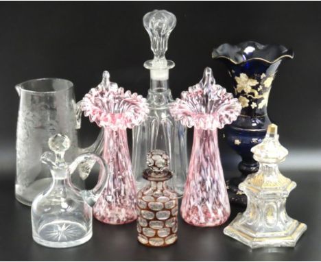 A 19thC. glass jug with applied decor, a pair of Victorian "Jack in Pulpit" vases, a 19thC. Bristol blue vase with applied de
