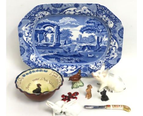 A Spode Italian pattern blue & white transferware meat dish, twinned with a Beswick pig, a Beswick wren, a Royal Crown Derby 