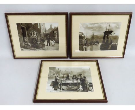 Three framed yesteryear type photographs depicting life of the fishing village of Whitby, 392mm x 327mm inclusive
