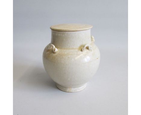 A Chinese Shufu type lugged Jar and cover, with four applied shoulder lugs to the compressed cushion body with a flat rim and