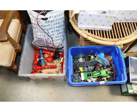 A box of various Lego; a wooden train set; Scalextric etc