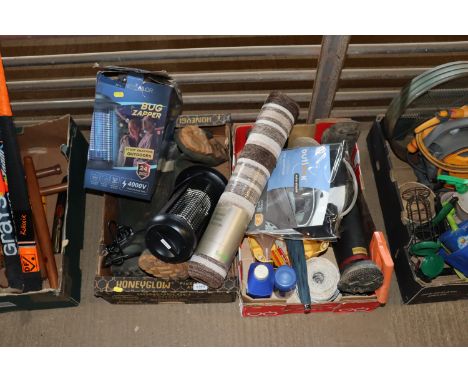Two boxes containing sundry items to include Wellington boots, electric bug zapper, a carpet runner, various plastic funnels,