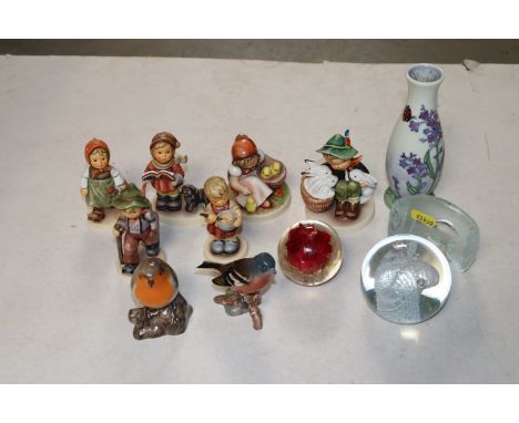A quantity of ornaments to include Beswick chaffinch, five Goebel ornaments, Tupton ware vase, paperweights