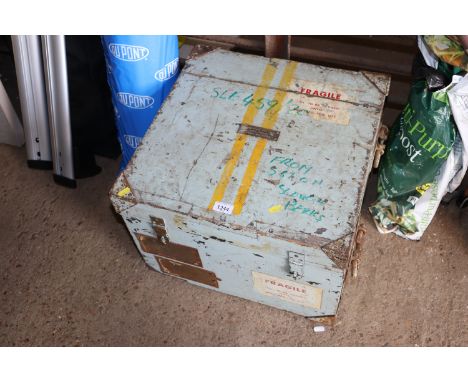 A wooden and metal bound storage trunk with plaque for 'Transport Case for Gyro Compass Casing and Rotor'