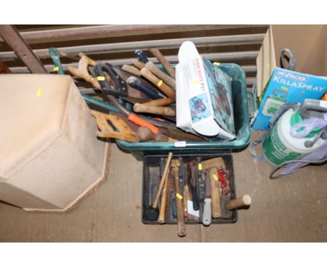 Two crates containing a quantity of hand tools to include saws, garden shears, hammers, mallets, and a Fish Mate P21 pond fis