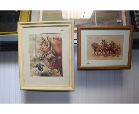 A limited edition print the Suffolk Trinity, and a watercolour depicting a harvest scene