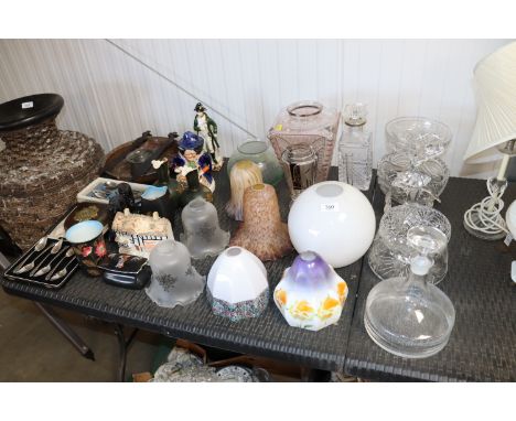A quantity of various glass light shades, decanter and stopper, glass ornaments, boxed cutlery etc.