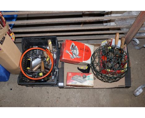 A box containing various hand tools to include hand braces, shears, a Universal sander in original box, a portable hand circu