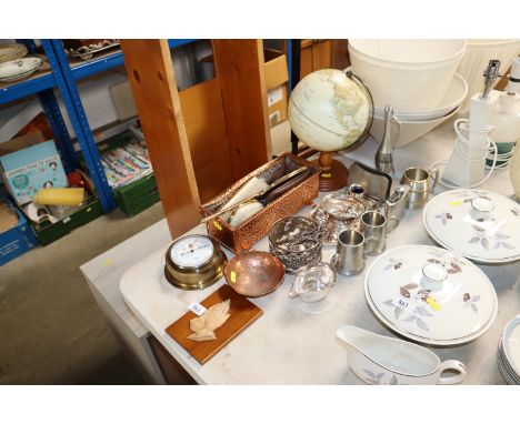 A quantity of various silver plated ware; a miniature globe; barometer; copper planter etc