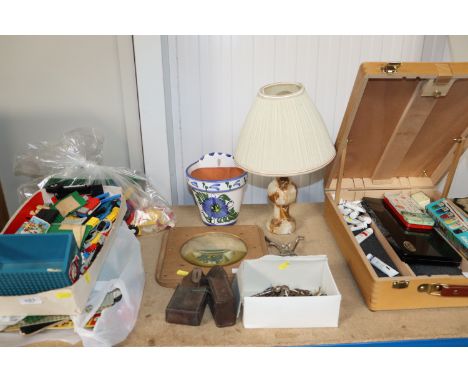 A magnifier, various keys, table lamp and shade etc.