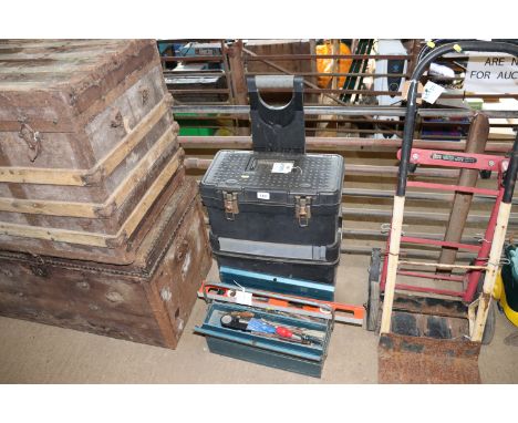 A metal cantilever tool box and contents of various hand tools; and a Stanley multi compartment tool box with a quantity of v