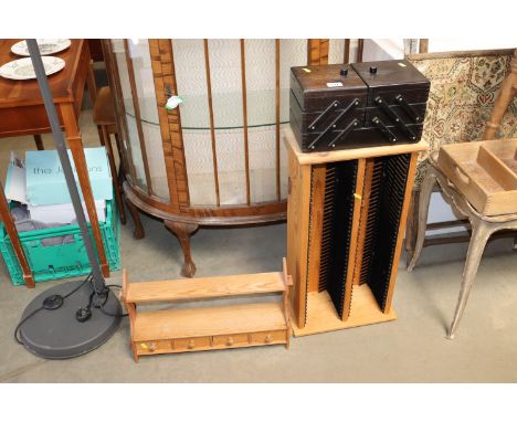 A pine CD storage rack, a cantilever sewing box and a pine hanging shelf