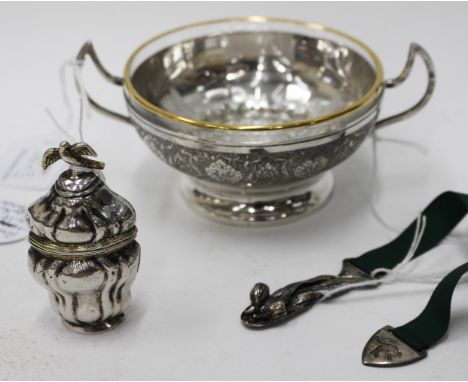 A POSSIBLY PERSIAN ENGRAVED METAL AND GLASS LINED CAVIAR BOWL with twin handles, a art nouveau silk ribbon book mark and a co