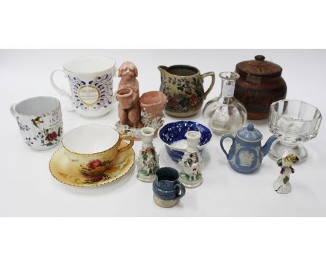 MISCELLANEOUS CHINA AND GLASS to include a Royal Worcester cup and saucer, a Continental porcelain miniature parrot, a luster