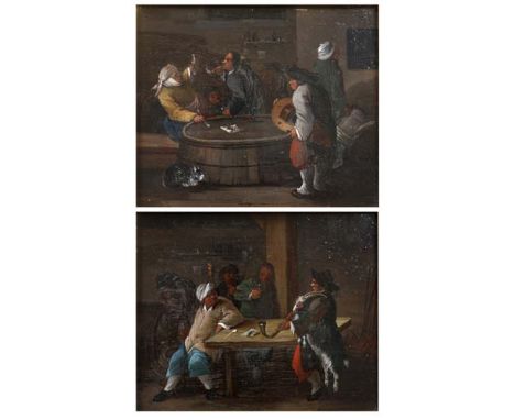 A PAIR OF ANTIQUE OIL PAINTINGS IN THE MANNER OF TENNIERS depicting figures in an inn, to include one with a gentleman playin