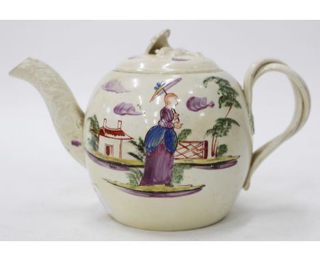 AN 18TH CENTURY STAFFORDSHIRE POTTERY GLOBULAR TEAPOT, 12cm high (lid associated)
