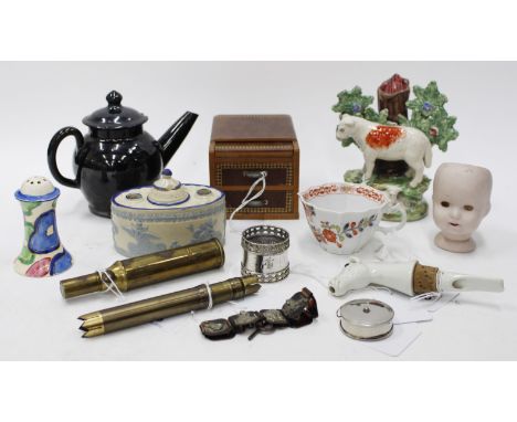 A PARQUETRY GAMES BOX with lozenge shaped decoration, a ceramic horse decanter funnel, a Jasper ware ink well, Clarice Cliff 