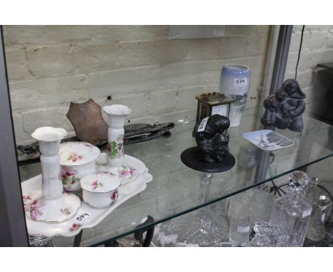 A ROYAL COPENHAGEN VASE and a dish, a Limoges dressing table set, Canadian soapstone figures, a carriage clock, martingales, 