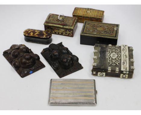 A GROUP OF FIVE BOULLEWORK and other boxes, a pair of carved walnut furniture mounts and an engine turned cigarette case (8)