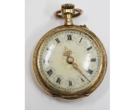 A 18 CARAT GOLD LADIES ENAMEL BACKED POCKET WATCH / PENDANT inset to the back panel with a pearl