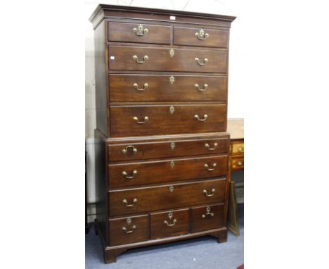 A QUEEN ANNE STYLE MAHOGANY CHEST ON CHEST standing on bracket feet with moulded cornice, 188cm x 107cm x 55cm